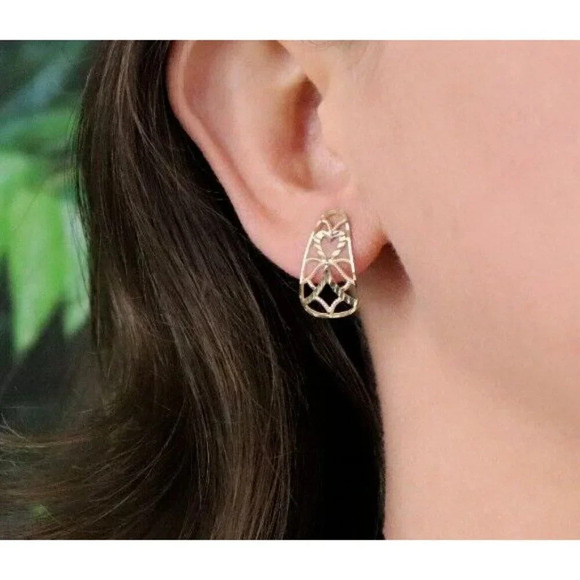 14k Yellow Gold Heart Bow Filigree Earrings Stud Post - Picture 4 of 8